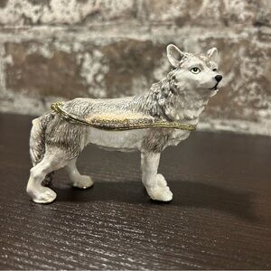Grey Wolf - Enamel & Crystal Trinket Keeper Box Tchotchke Figure